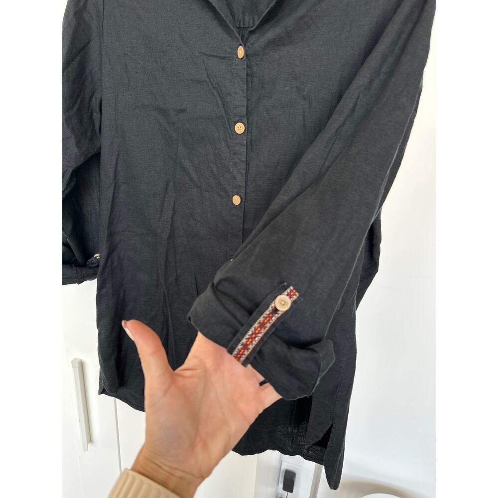 Sherpa Women's Black Hemp Blend Button-Up Roll Tab Sleeve Tunic Top, Size L, EUC - Picture 3 of 7